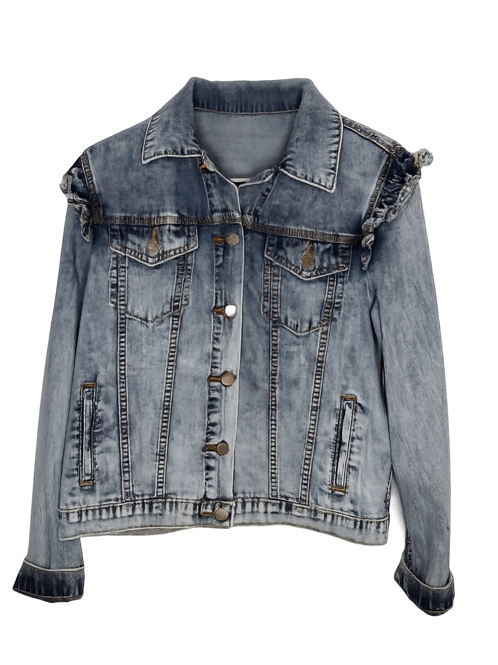 Driftwood Ruffle Trim Denim Jacket Women’s Small Acid Wash Button Front